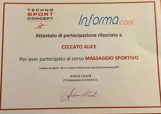 Attestato Massaggio Sportivo - Osteopata Milano Mecenate Alice Ceccato